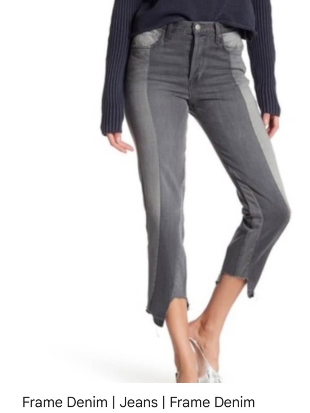 Frame Denim Gray patchwork stripes Cropped Raw Jeans shark bite hem